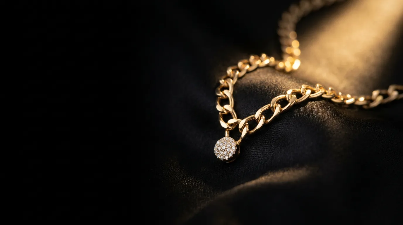 Gold curb-chain necklace with a pavé diamond pendant resting on black silk